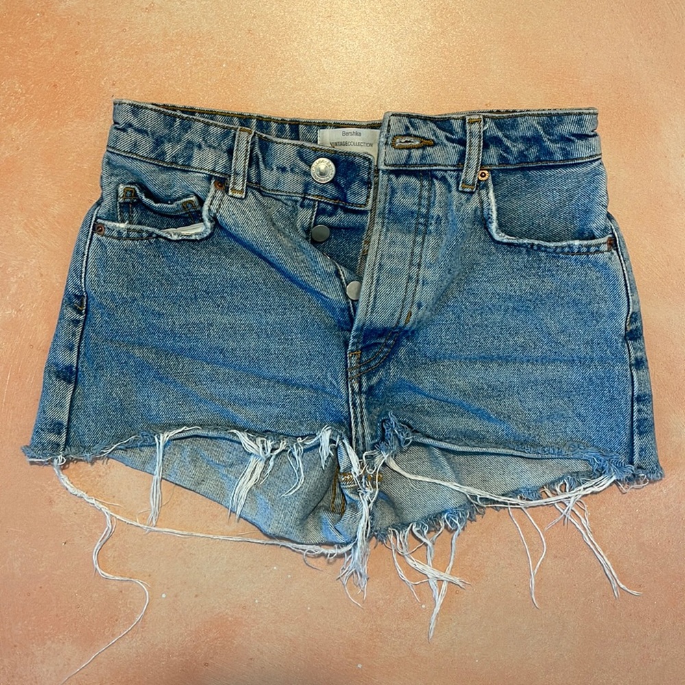 Bershka Denim Women’s Distressed High Waist Button Fly Cutoff Jean Shorts - 24”